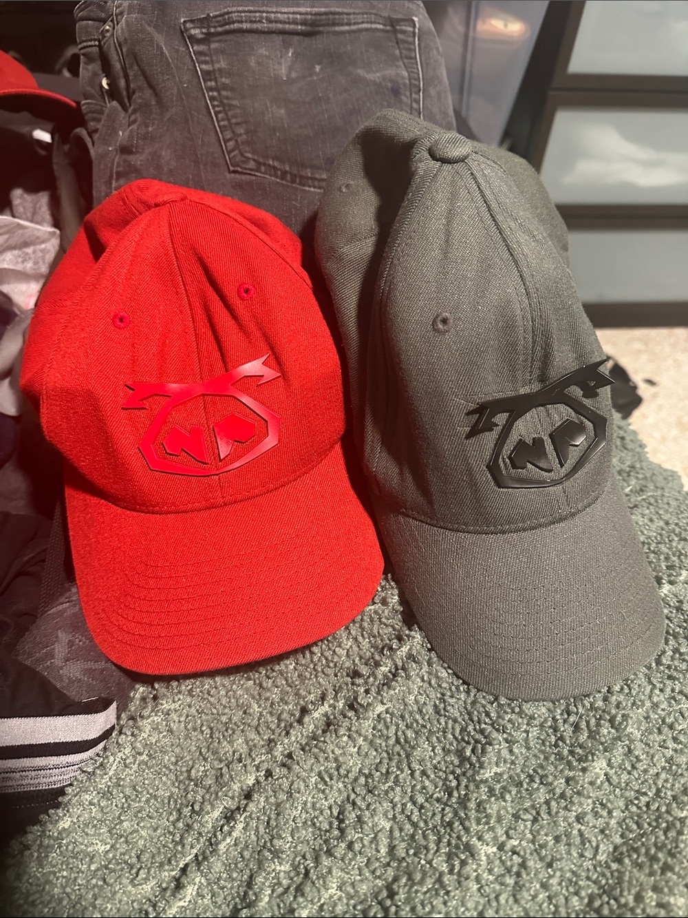 Nasty Pig Red and Olive Green Logo Baseball Caps